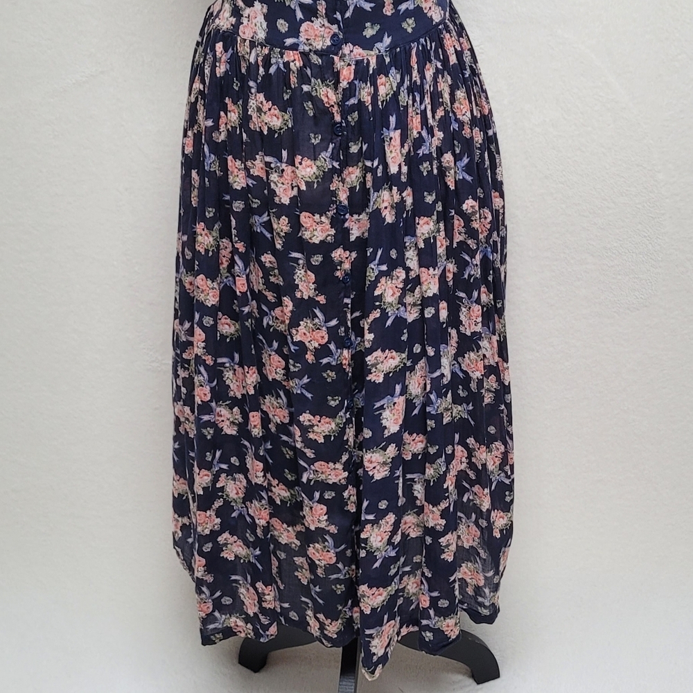 1970s Vintage Sita Blue Pink Floral Scoop Neck Tie-Waist Fit & Flare Midi Dress - Picture 4 of 12